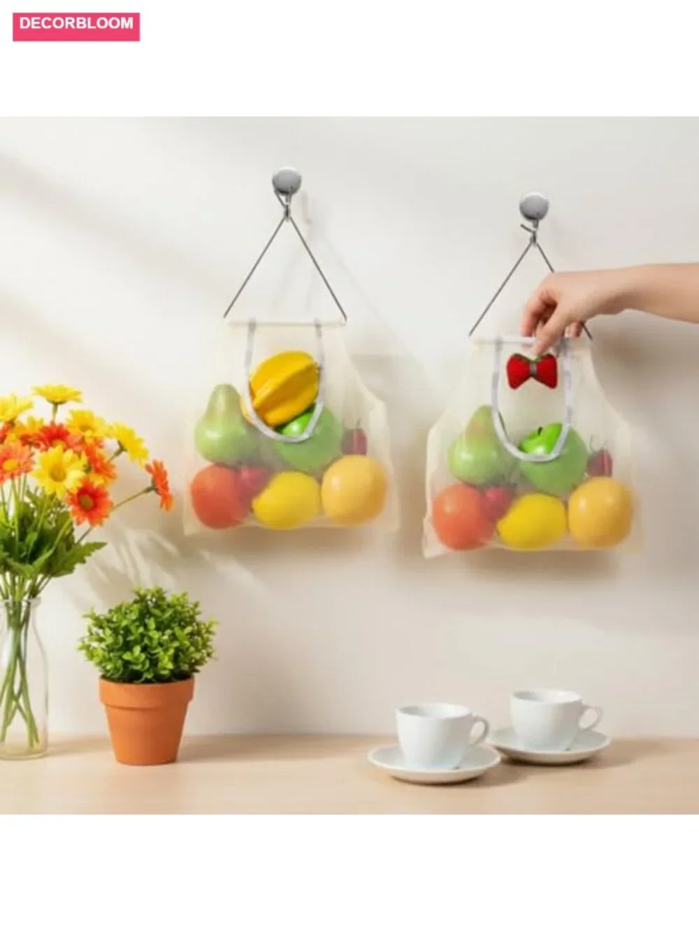 2 Pack Hanging Mesh Storage Bags for Fruits Vegetables Onions Produce